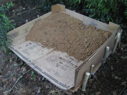 3-sided carboard storage bin for adobe soil.